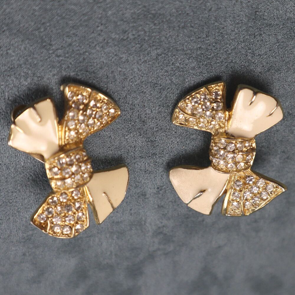 Vintage Givenchy Rhinestone Bow Earrings Ivory Enamel